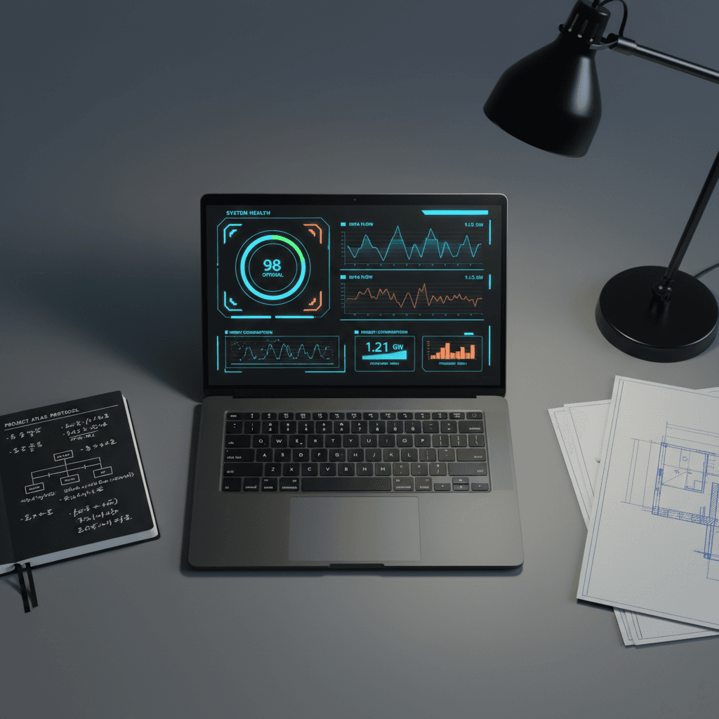 Laptop screen showing an Ekahau AI Pro heat map of a warehouse after redesign, green coverage replacing red dead zones, AP icons on a CAD floor plan, dark UI, sharp product photography
