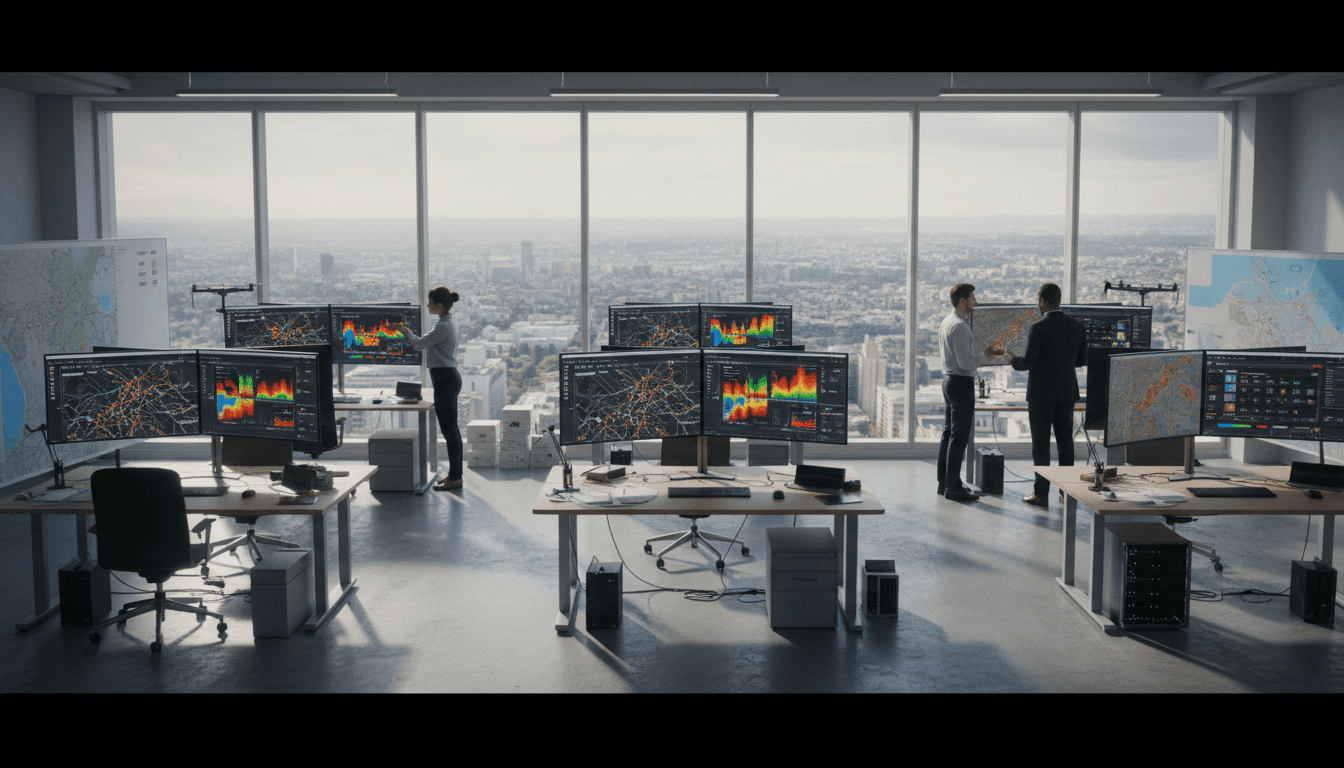 Isometric 3D Ekahau-style office floor plan heatmap: white walls, green high Wi-Fi coverage, red weak zones in an auditorium, AP icons, signal-strength legend along the bottom, faded overlay