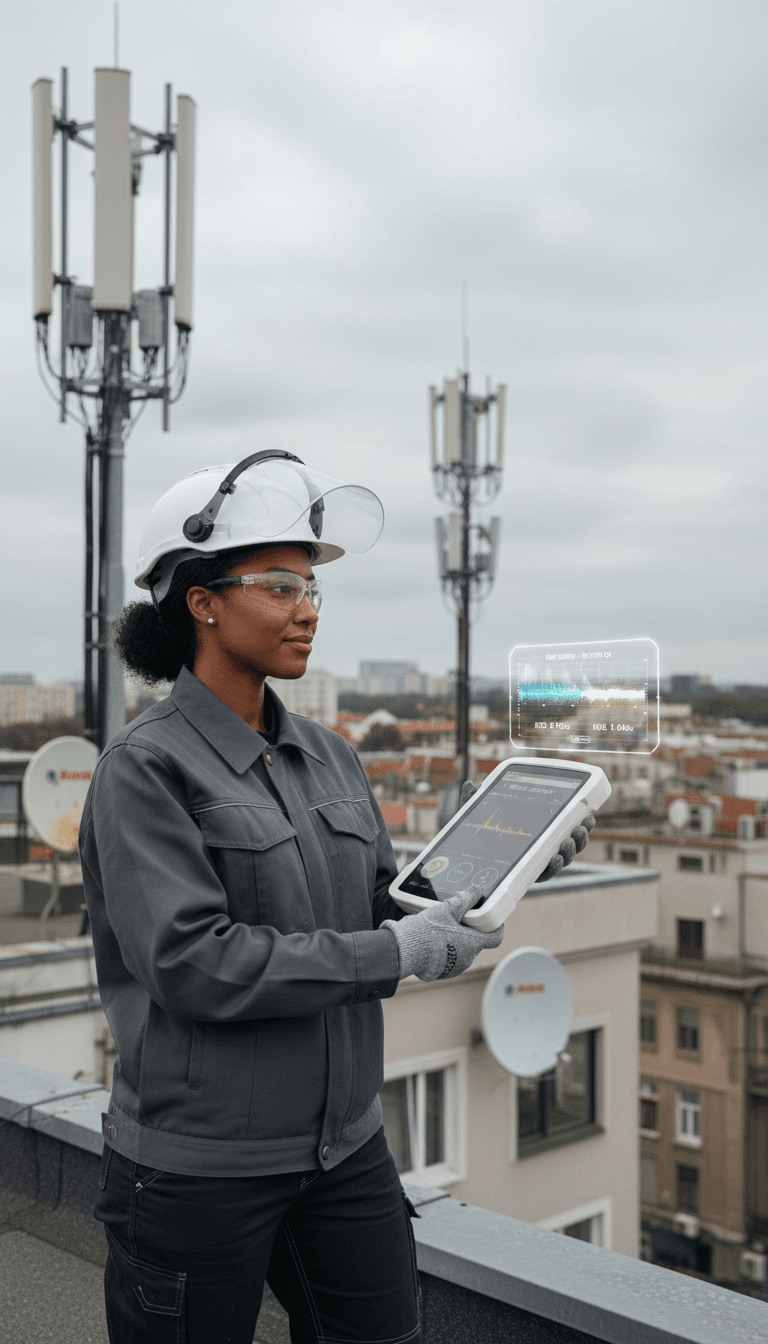 Certified Wi-Fi surveyor with Ekahau Sidekick 2 clipped to a backpack walking a lit warehouse aisle, tablet showing live spectrum, industrial fluorescent light, candid photojournalistic style