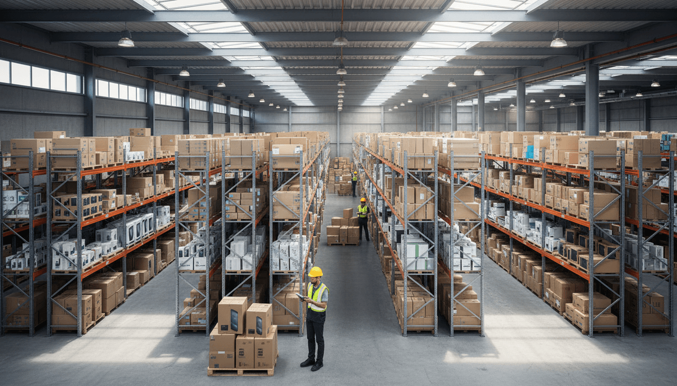 Overhead view of organized warehouse shelving with stacked electronics boxes and logistics worker scanning inventory with mobile device